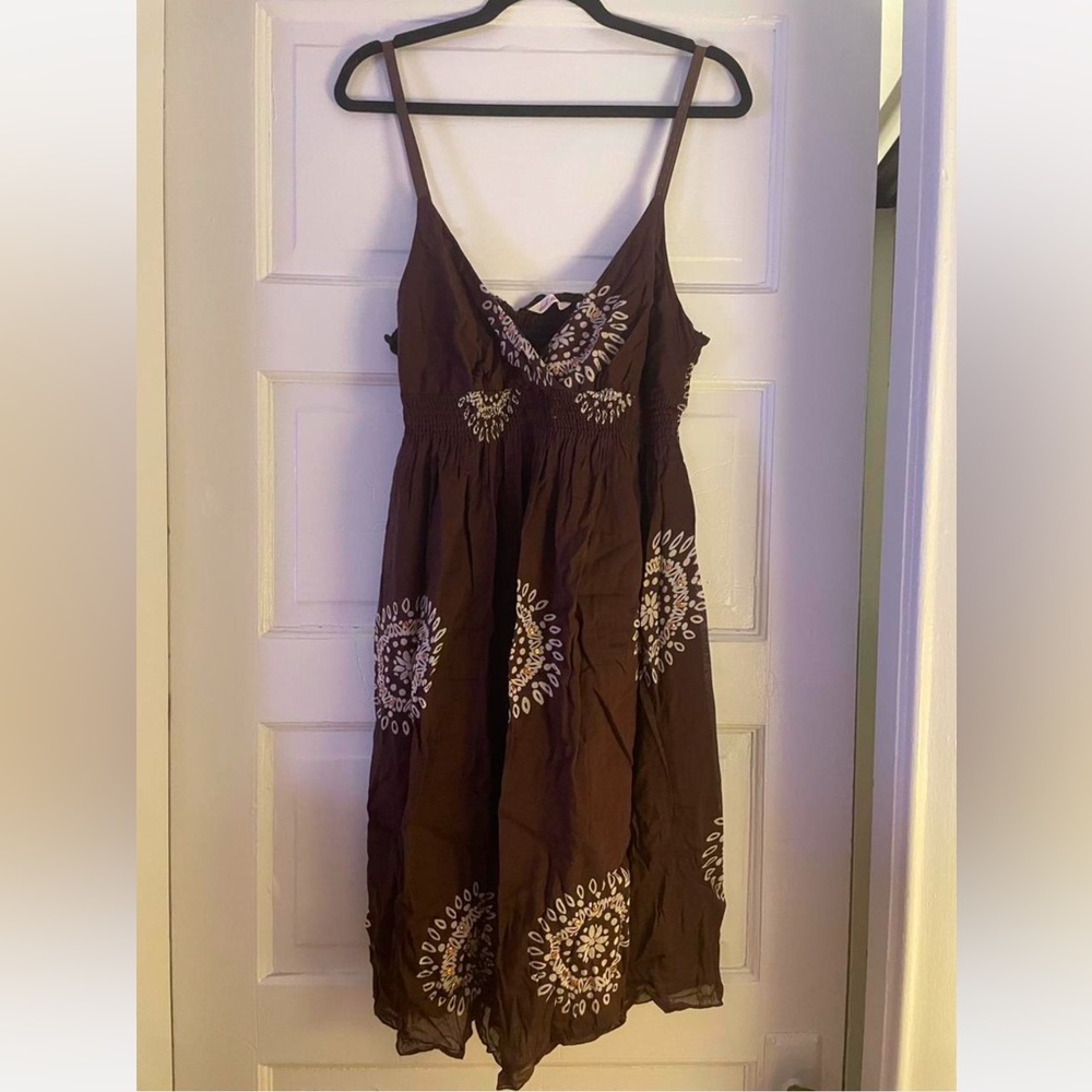 Vintage Y2K Cotton Babydoll Brown & White Boho Rose Gold Sequined Midi Dress